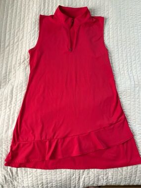 G Gradual Deep Red Sleeveless Zip-Neck Asymmetrical Ruffle Hem Tennis Dress